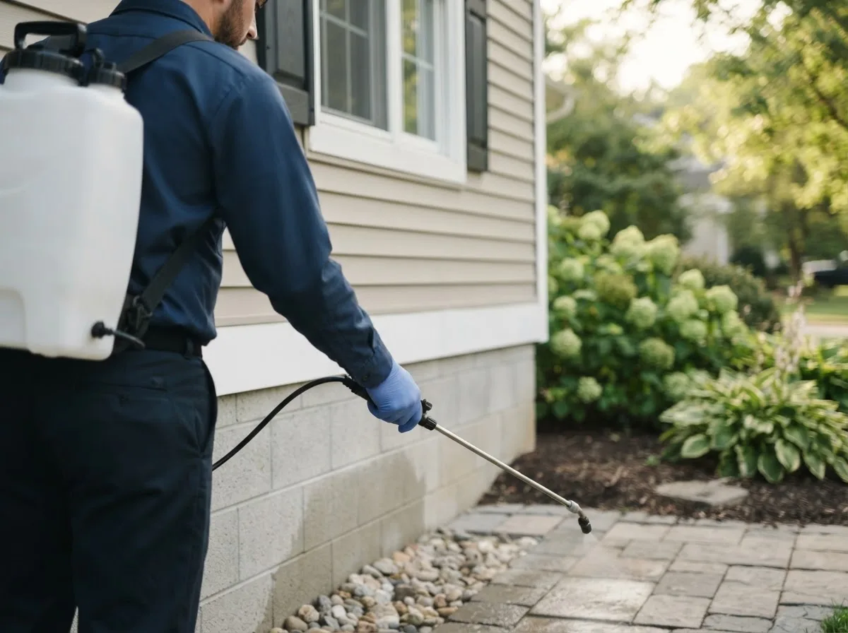 Pest control technician inspecting a home in Drasco, AR